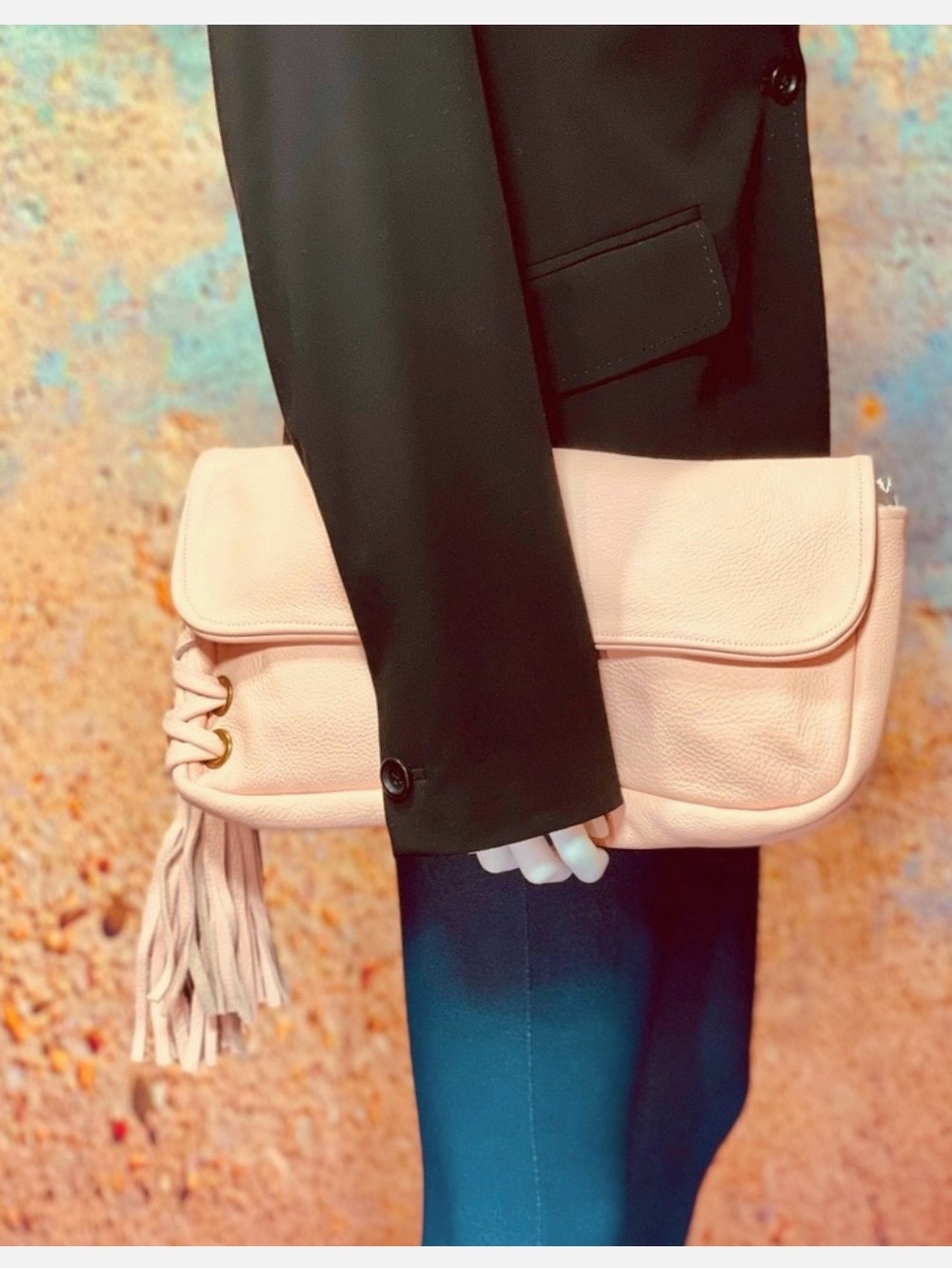 NWT-Custom Handmade Soft Leather Tassel Clutch Bag - Blush Pink